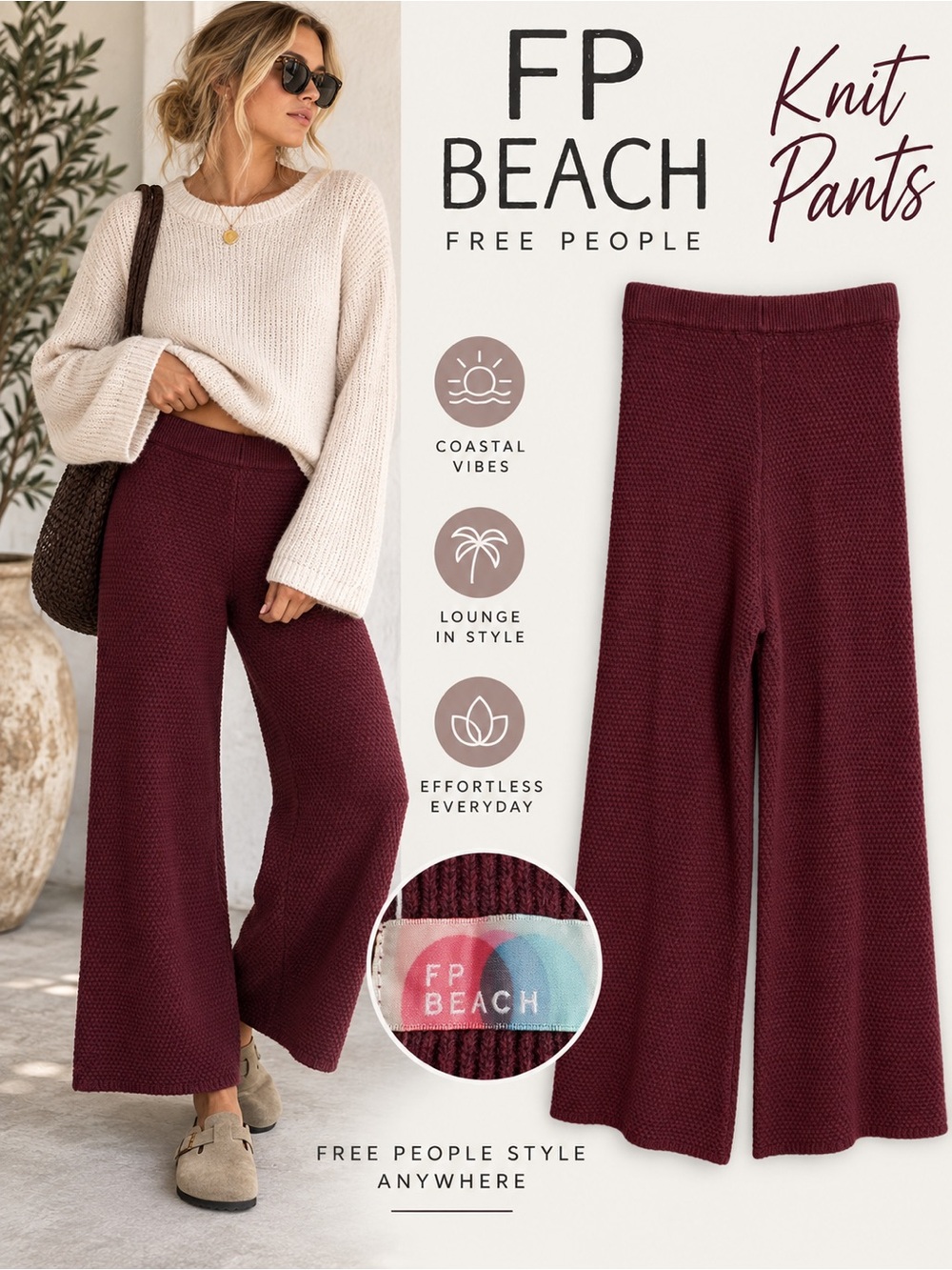 Free People FP Beach XS Burgundy Chunky Knit Wide Leg Pants Cropped Lounge
